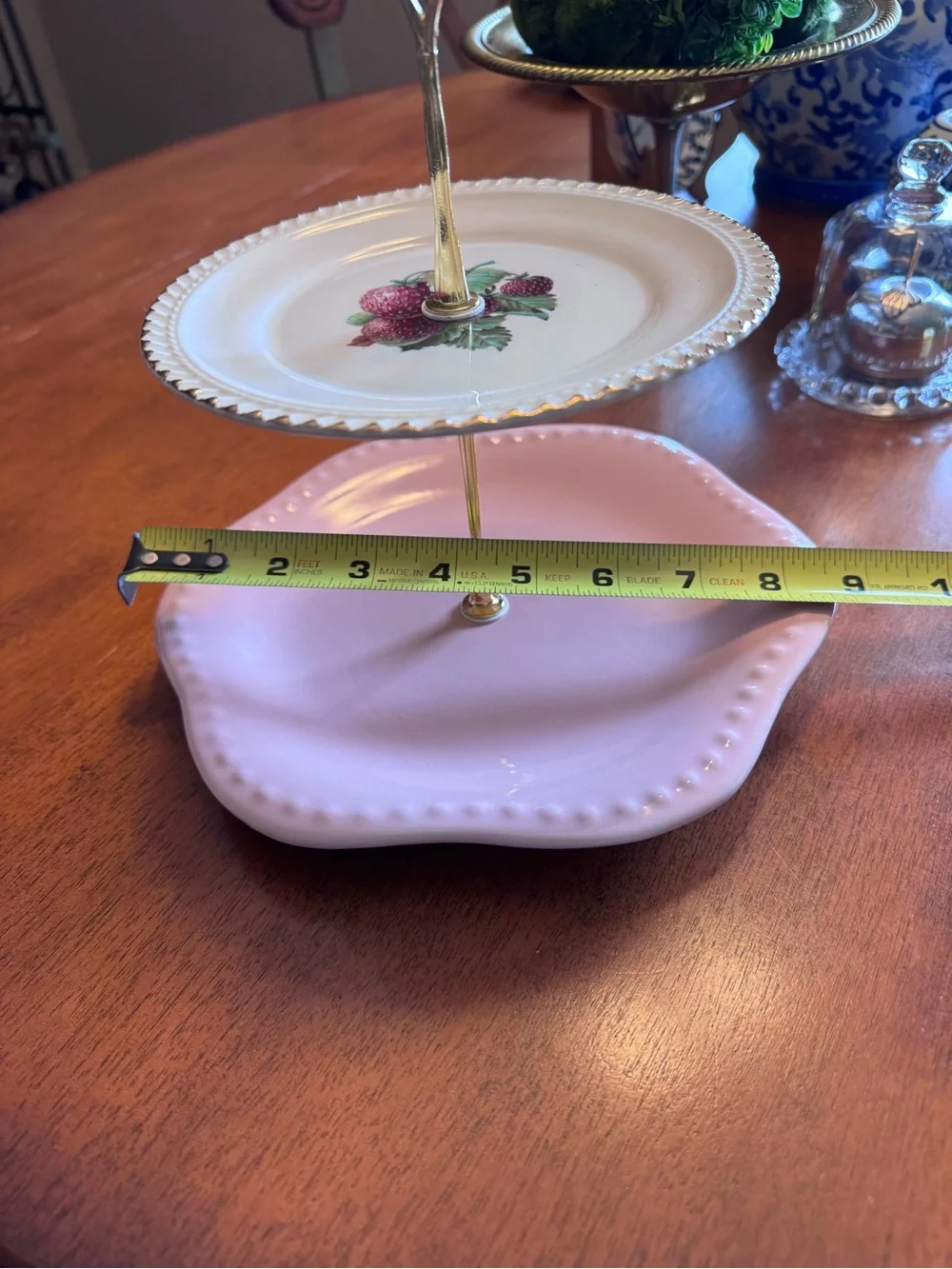 Vintage Two-Tier Serving Stand in Pink and White with Gold Handle